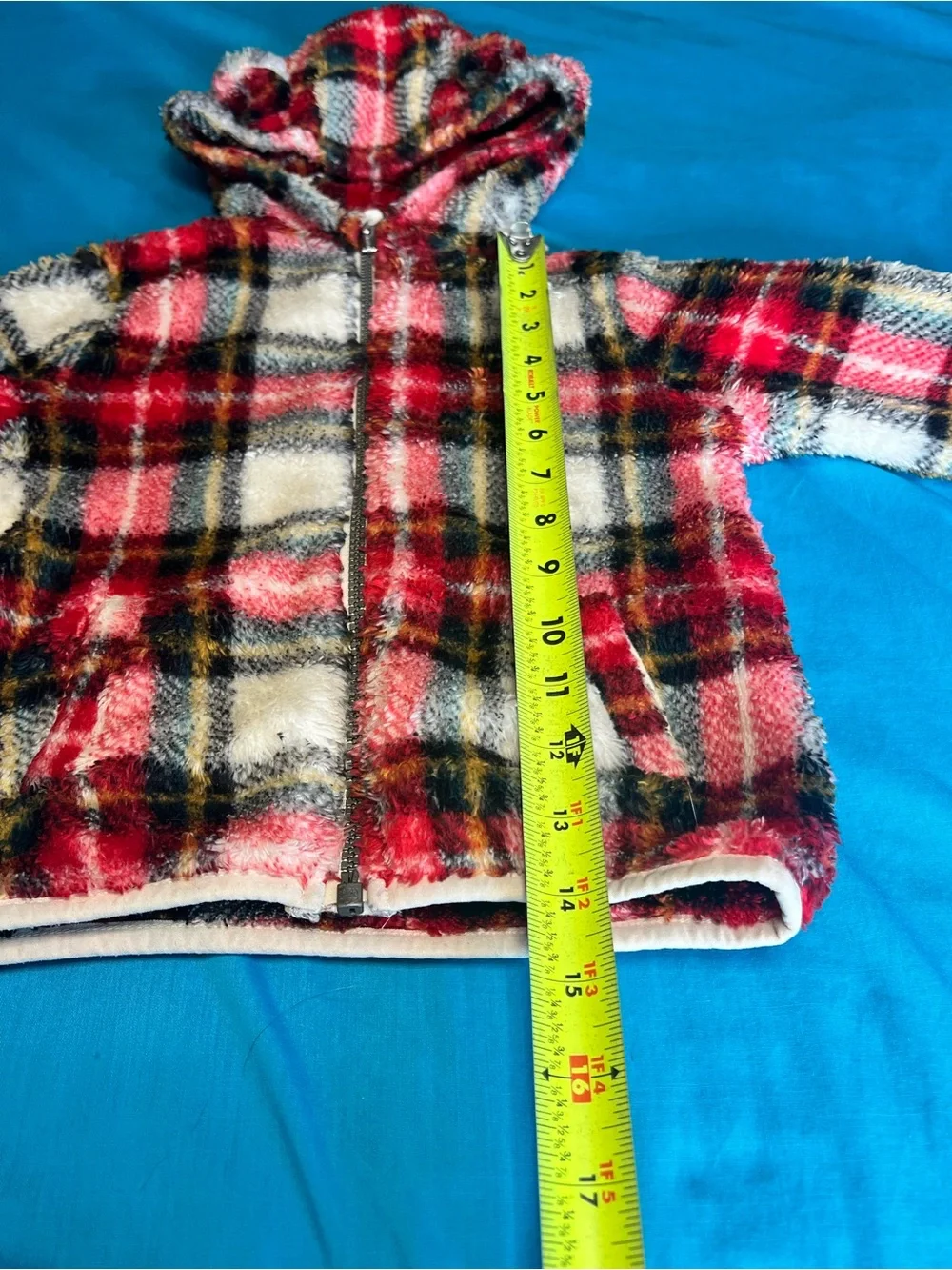 Old Navy Toddler Plush Fleece Plaid Hooded Jacket Red 3T